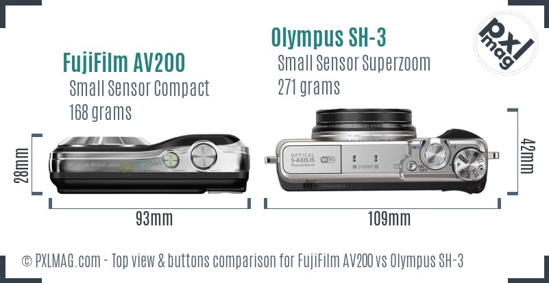 FujiFilm AV200 vs Olympus SH-3 top view buttons comparison