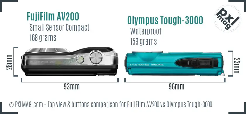 FujiFilm AV200 vs Olympus Tough-3000 top view buttons comparison