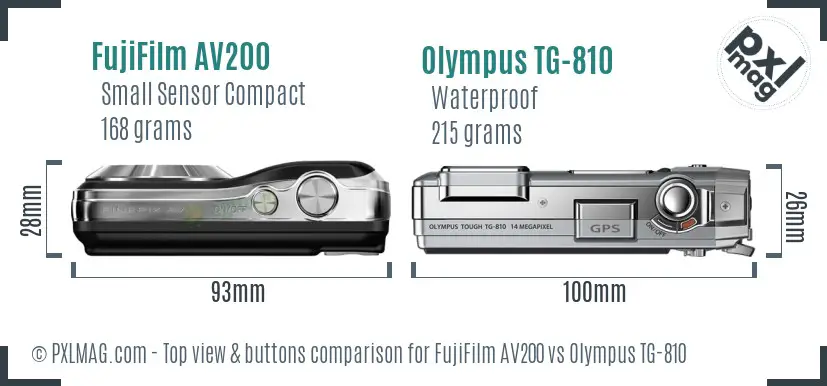 FujiFilm AV200 vs Olympus TG-810 top view buttons comparison FujiFilm AV200 vs Olympus TG-810 top view buttons comparison