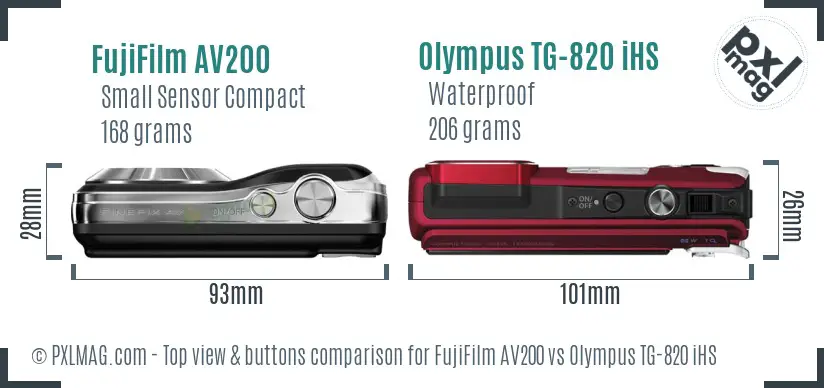 FujiFilm AV200 vs Olympus TG-820 iHS top view buttons comparison