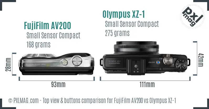 FujiFilm AV200 vs Olympus XZ-1 top view buttons comparison FujiFilm AV200 vs Olympus XZ-1 top view buttons comparison