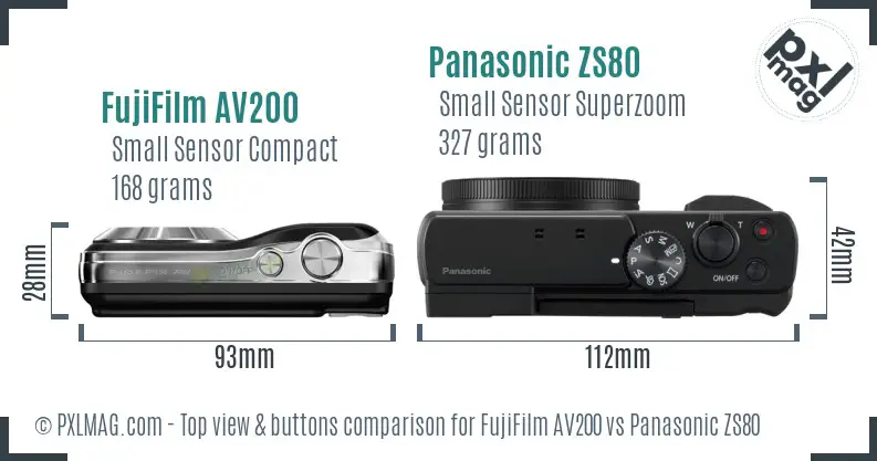 FujiFilm AV200 vs Panasonic ZS80 top view buttons comparison