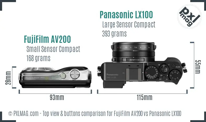 FujiFilm AV200 vs Panasonic LX100 top view buttons comparison