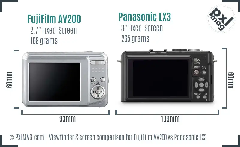 FujiFilm AV200 vs Panasonic LX3 Screen and Viewfinder comparison