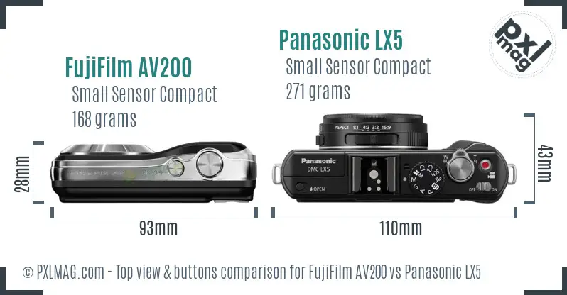 FujiFilm AV200 vs Panasonic LX5 top view buttons comparison FujiFilm AV200 vs Panasonic LX5 top view buttons comparison