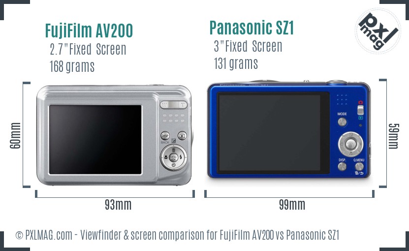FujiFilm AV200 vs Panasonic SZ1 Screen and Viewfinder comparison