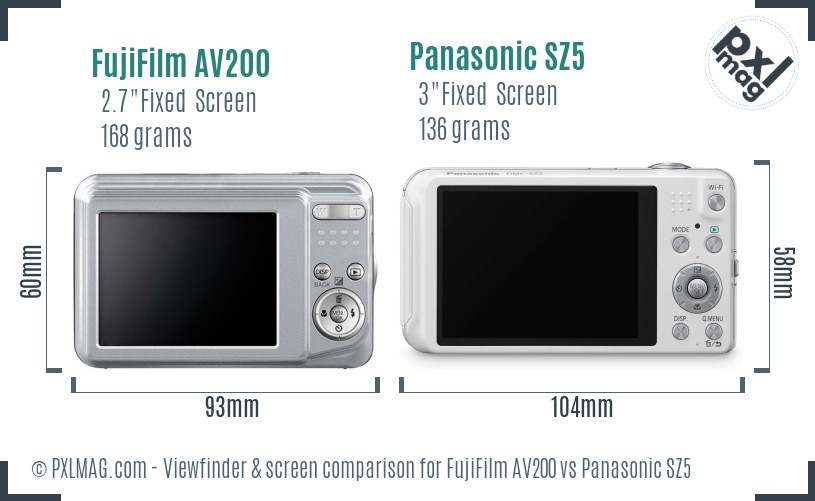 FujiFilm AV200 vs Panasonic SZ5 Screen and Viewfinder comparison