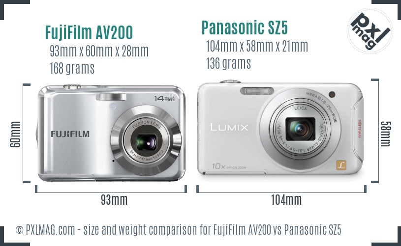 FujiFilm AV200 vs Panasonic SZ5 size comparison
