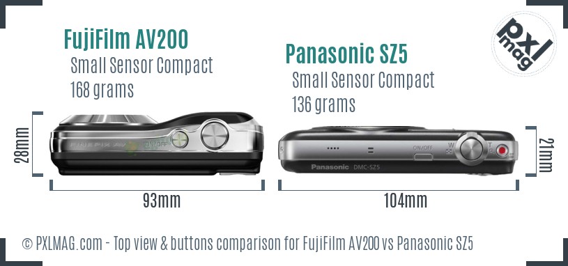 FujiFilm AV200 vs Panasonic SZ5 top view buttons comparison