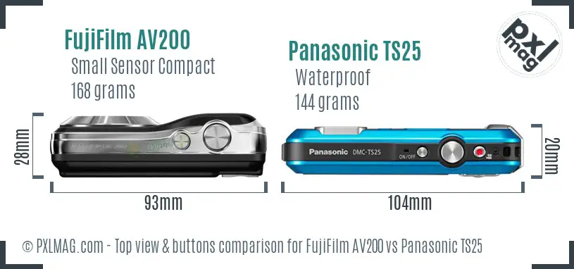 FujiFilm AV200 vs Panasonic TS25 top view buttons comparison FujiFilm AV200 vs Panasonic TS25 top view buttons comparison