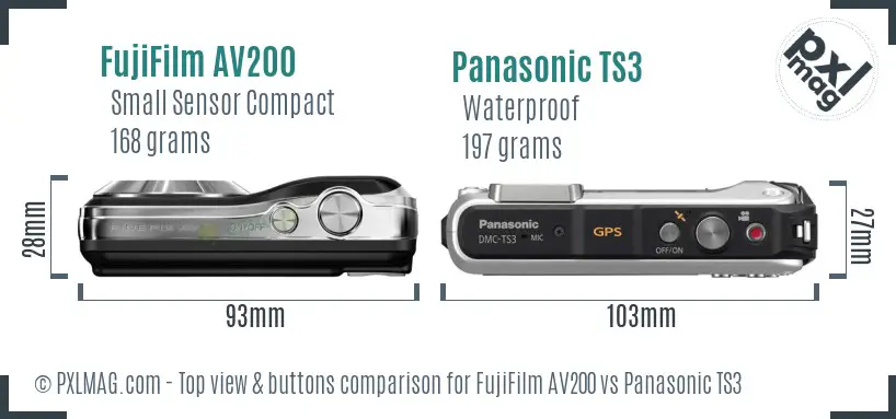 FujiFilm AV200 vs Panasonic TS3 top view buttons comparison