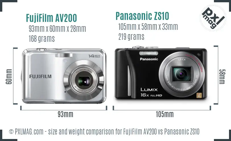 FujiFilm AV200 vs Panasonic ZS10 size comparison