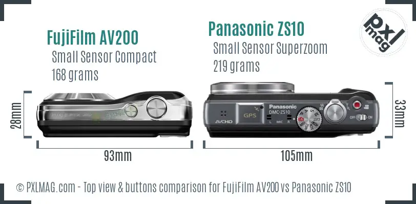 FujiFilm AV200 vs Panasonic ZS10 top view buttons comparison