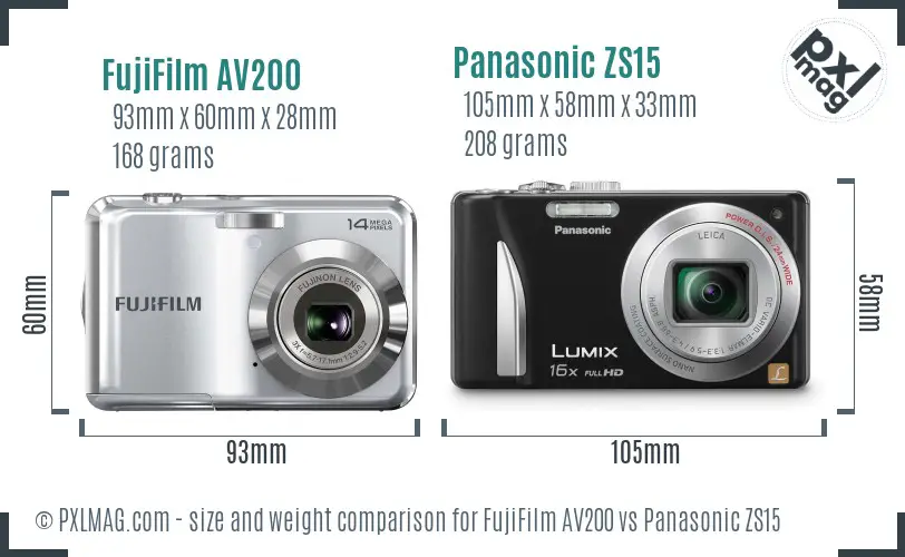 FujiFilm AV200 vs Panasonic ZS15 size comparison