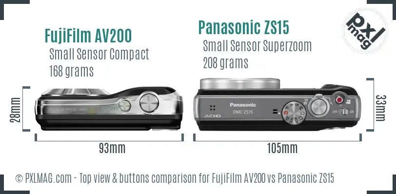 FujiFilm AV200 vs Panasonic ZS15 top view buttons comparison