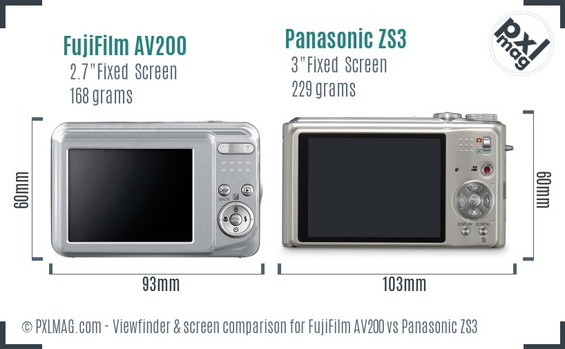 FujiFilm AV200 vs Panasonic ZS3 Screen and Viewfinder comparison