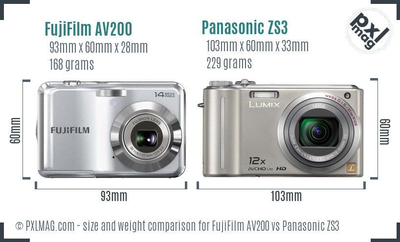 FujiFilm AV200 vs Panasonic ZS3 size comparison FujiFilm AV200 vs Panasonic ZS3 size comparison