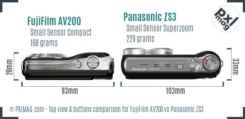 FujiFilm AV200 vs Panasonic ZS3 top view buttons comparison