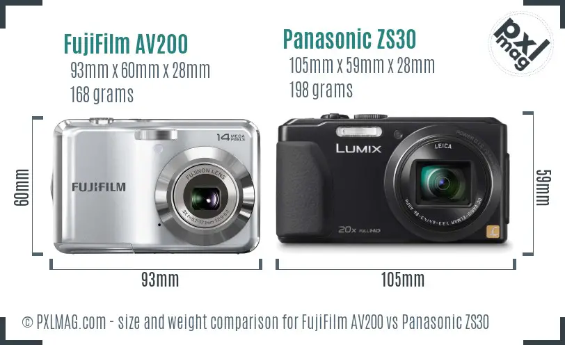FujiFilm AV200 vs Panasonic ZS30 size comparison