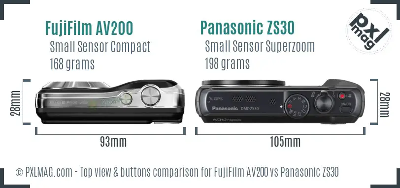 FujiFilm AV200 vs Panasonic ZS30 top view buttons comparison