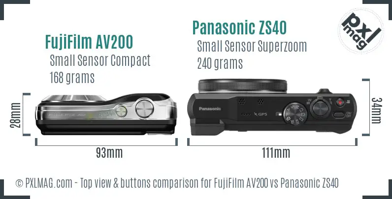 FujiFilm AV200 vs Panasonic ZS40 top view buttons comparison