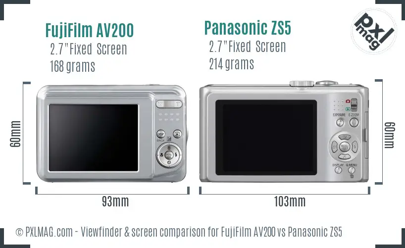 FujiFilm AV200 vs Panasonic ZS5 Screen and Viewfinder comparison