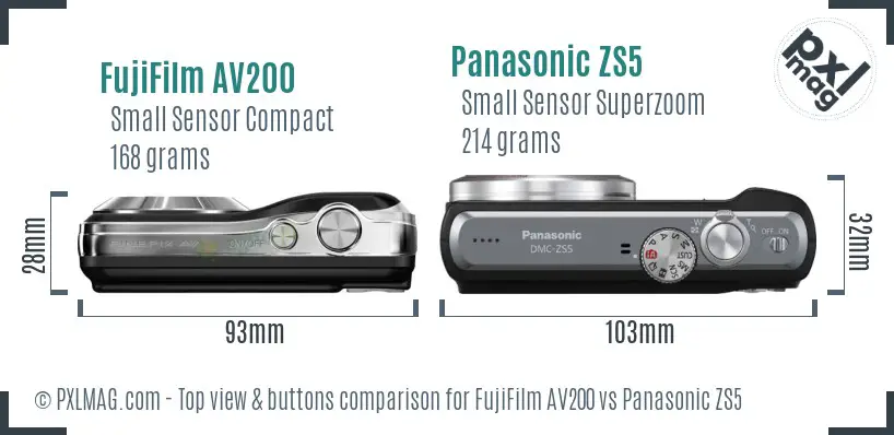 FujiFilm AV200 vs Panasonic ZS5 top view buttons comparison
