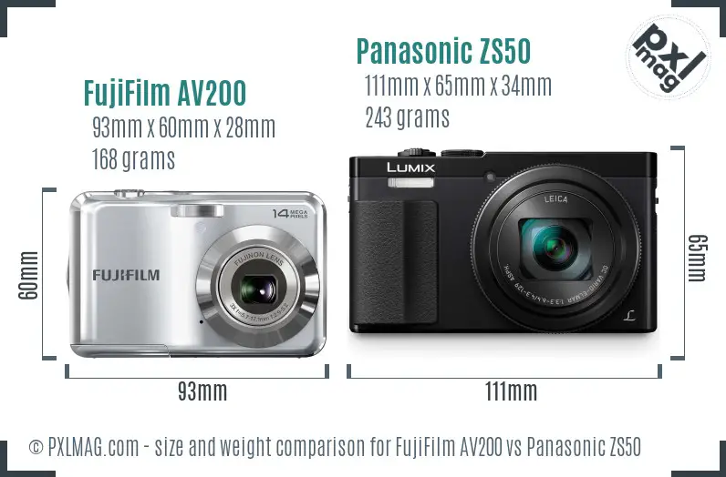 FujiFilm AV200 vs Panasonic ZS50 size comparison