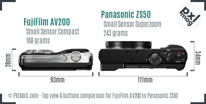 FujiFilm AV200 vs Panasonic ZS50 top view buttons comparison