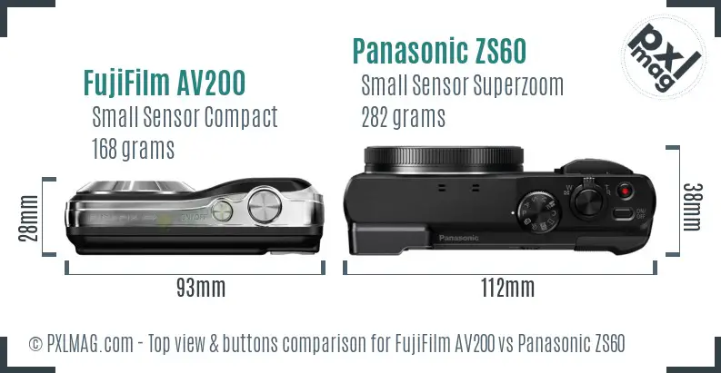 FujiFilm AV200 vs Panasonic ZS60 top view buttons comparison FujiFilm AV200 vs Panasonic ZS60 top view buttons comparison