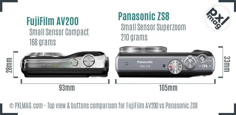 FujiFilm AV200 vs Panasonic ZS8 top view buttons comparison FujiFilm AV200 vs Panasonic ZS8 top view buttons comparison