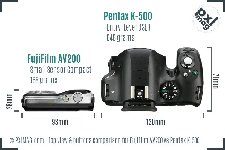 FujiFilm AV200 vs Pentax K-500 top view buttons comparison