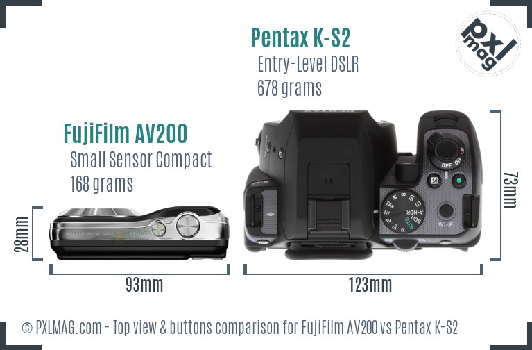 FujiFilm AV200 vs Pentax K-S2 top view buttons comparison