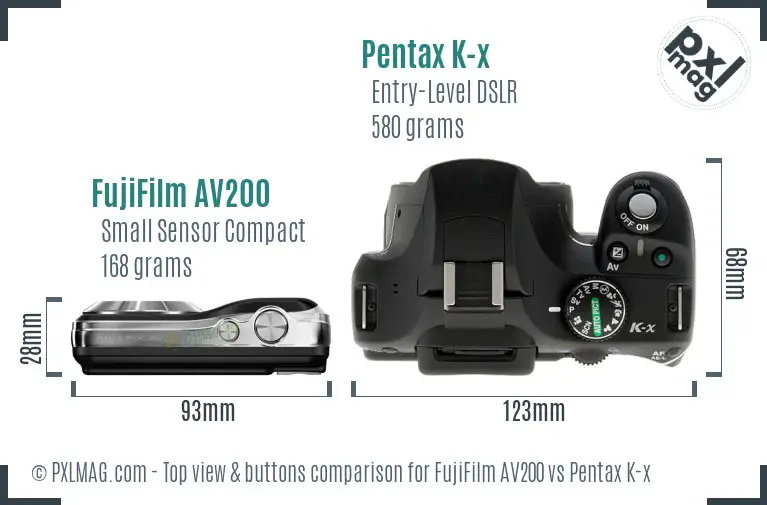 FujiFilm AV200 vs Pentax K-x top view buttons comparison