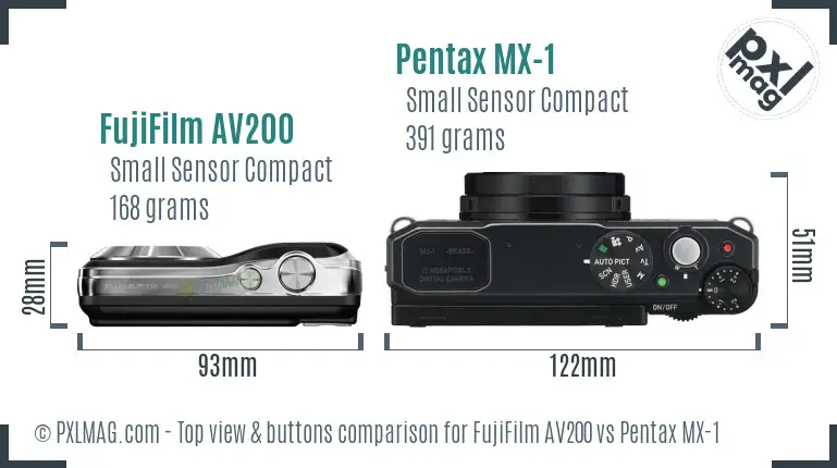FujiFilm AV200 vs Pentax MX-1 top view buttons comparison