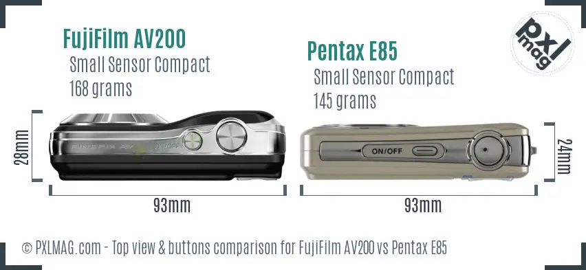FujiFilm AV200 vs Pentax E85 top view buttons comparison