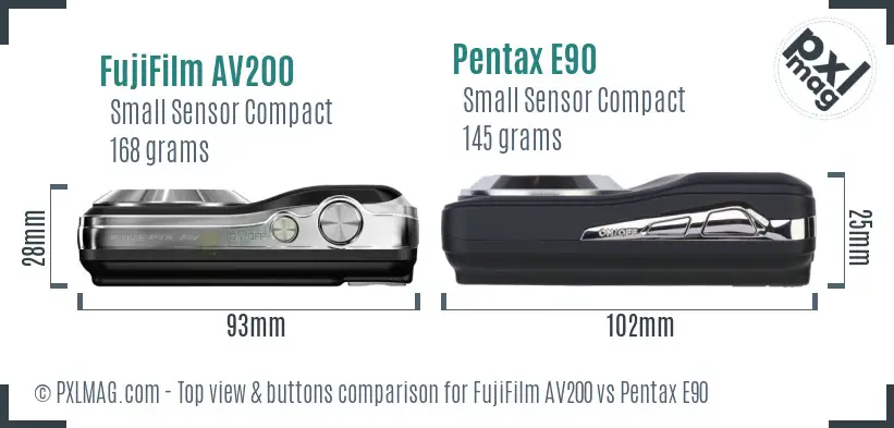 FujiFilm AV200 vs Pentax E90 top view buttons comparison FujiFilm AV200 vs Pentax E90 top view buttons comparison