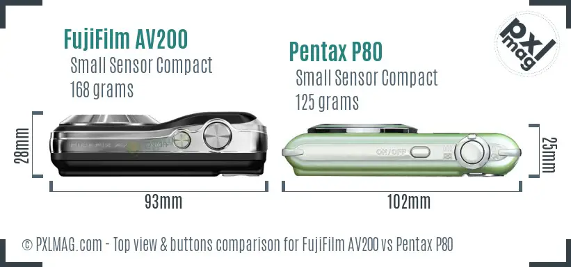 FujiFilm AV200 vs Pentax P80 top view buttons comparison