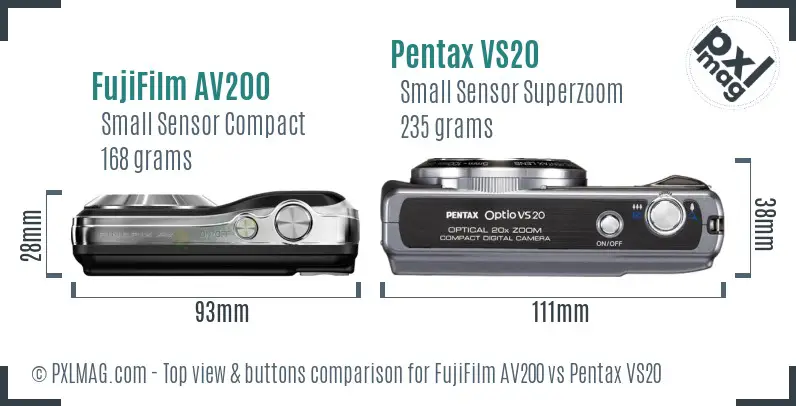 FujiFilm AV200 vs Pentax VS20 top view buttons comparison
