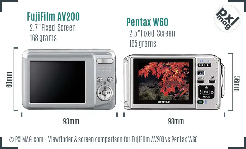 FujiFilm AV200 vs Pentax W60 Screen and Viewfinder comparison
