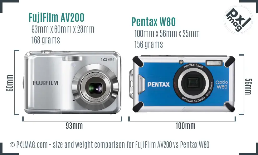 FujiFilm AV200 vs Pentax W80 size comparison