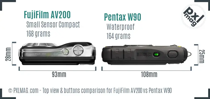 FujiFilm AV200 vs Pentax W90 top view buttons comparison