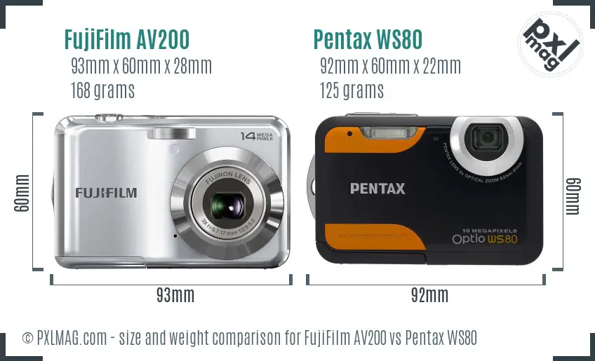 FujiFilm AV200 vs Pentax WS80 size comparison