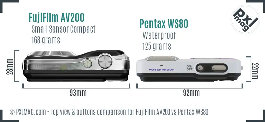 FujiFilm AV200 vs Pentax WS80 top view buttons comparison