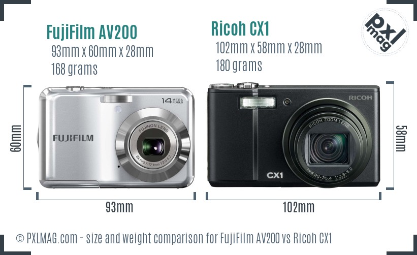 FujiFilm AV200 vs Ricoh CX1 size comparison