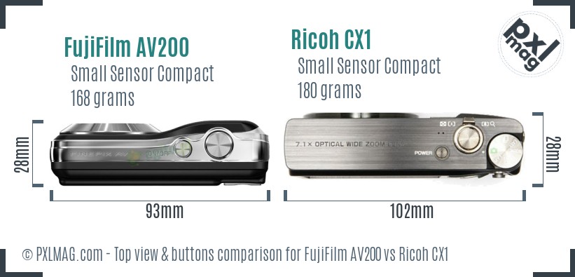 FujiFilm AV200 vs Ricoh CX1 top view buttons comparison