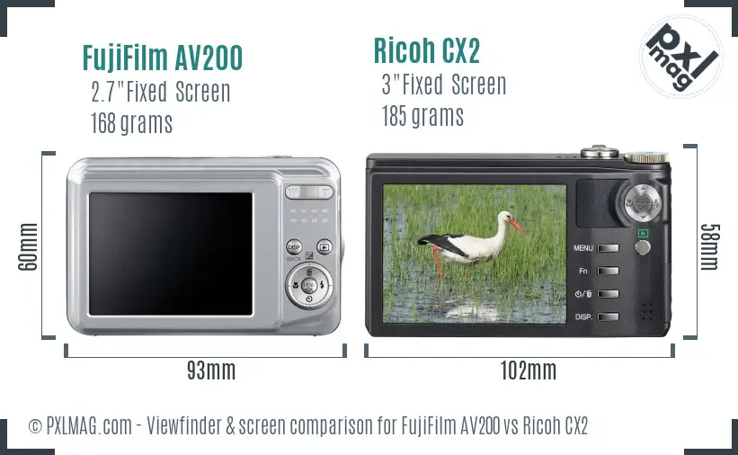 FujiFilm AV200 vs Ricoh CX2 Screen and Viewfinder comparison