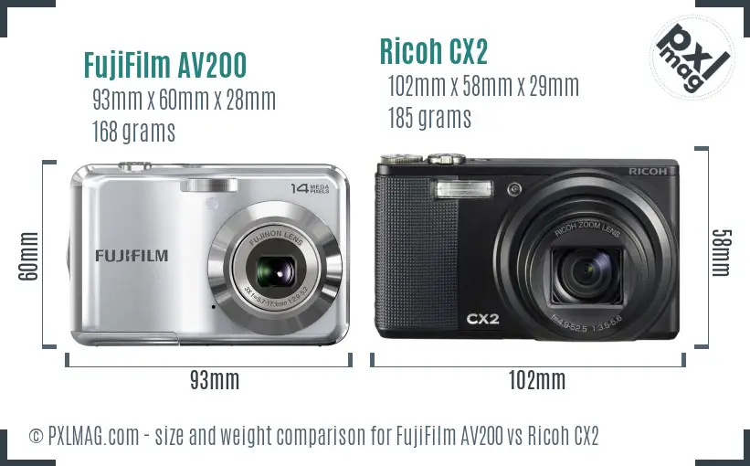 FujiFilm AV200 vs Ricoh CX2 size comparison