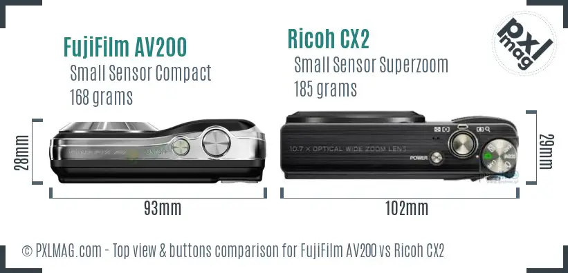 FujiFilm AV200 vs Ricoh CX2 top view buttons comparison