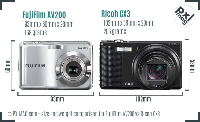 FujiFilm AV200 vs Ricoh CX3 size comparison FujiFilm AV200 vs Ricoh CX3 size comparison